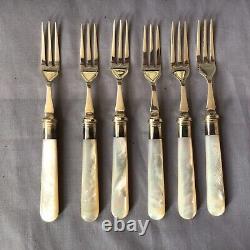 Six Pastry Knives & Forks, Mother Of Pearl Handles, Silver Plate Blades, Cased