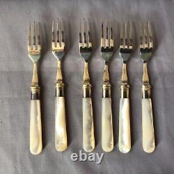 Six Pastry Knives & Forks, Mother Of Pearl Handles, Silver Plate Blades, Cased