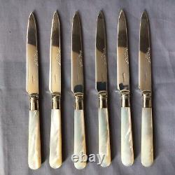 Six Pastry Knives & Forks, Mother Of Pearl Handles, Silver Plate Blades, Cased