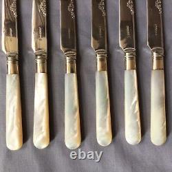 Six Pastry Knives & Forks, Mother Of Pearl Handles, Silver Plate Blades, Cased