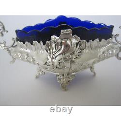 Small Victorian Silver Plated Jardinier with Blue Glass Liner