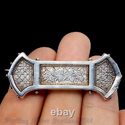 Sterling Silver 5cm Victorian Dog Bone Brooch Ivy Leaves & Chequer Plate Design