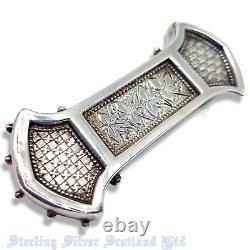 Sterling Silver 5cm Victorian Dog Bone Brooch Ivy Leaves & Chequer Plate Design