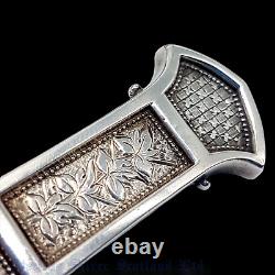 Sterling Silver 5cm Victorian Dog Bone Brooch Ivy Leaves & Chequer Plate Design