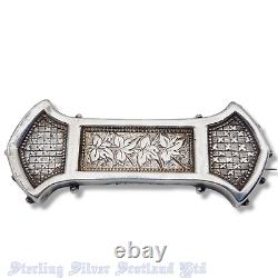Sterling Silver 5cm Victorian Dog Bone Brooch Ivy Leaves & Chequer Plate Design