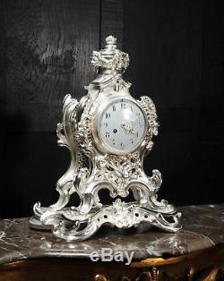 Stunning Large Silver Plated Bronze Rococo Clock Music C1880 Fully Restored