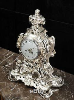 Stunning Large Silver Plated Bronze Rococo Clock Music C1880 Fully Restored