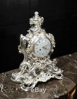 Stunning Large Silver Plated Bronze Rococo Clock Music C1880 Fully Restored