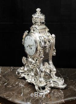 Stunning Large Silver Plated Bronze Rococo Clock Music C1880 Fully Restored