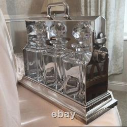 Stunning Vintage Tantalus, Three Cut Glass Decanters In A Silver Plate Tantalus