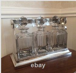 Stunning Vintage Tantalus, Three Cut Glass Decanters In A Silver Plate Tantalus