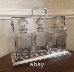 Stunning Vintage Tantalus, Three Cut Glass Decanters In A Silver Plate Tantalus
