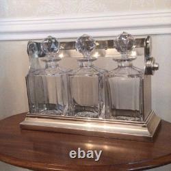 Stunning Vintage Tantalus, Three Cut Glass Decanters In A Silver Plate Tantalus