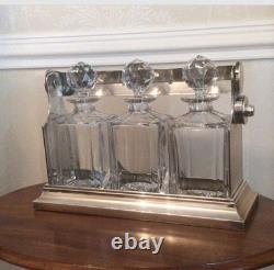 Stunning Vintage Tantalus, Three Cut Glass Decanters In A Silver Plate Tantalus