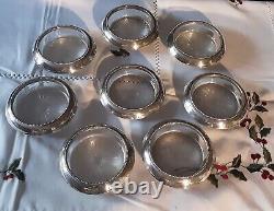 Super Stylish Vintage Set Of 8 Silver Plated & Cut Crystal Glass Wine Coasters