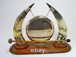 Superb Antique 12.75 Cow Horn & Oak Base Silver Plate Dinner Gong & Striker