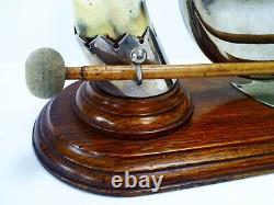 Superb Antique 12.75 Cow Horn & Oak Base Silver Plate Dinner Gong & Striker