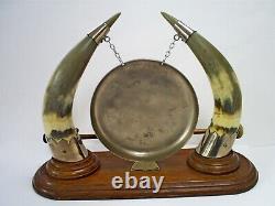 Superb Antique 12.75 Cow Horn & Oak Base Silver Plate Dinner Gong & Striker