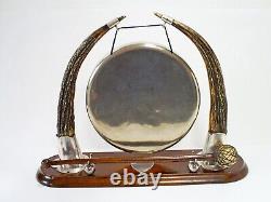 Superb Antique 14 Stag Horn & Oak Base W. H/l Silver Plate Dinner Gong & Striker