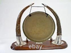 Superb Antique 14 Stag Horn & Oak Base W. H/l Silver Plate Dinner Gong & Striker
