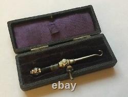 Tiny Antique Victorian Silver Plated Banded Agate Button Hook Original Case