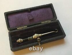 Tiny Antique Victorian Silver Plated Banded Agate Button Hook Original Case