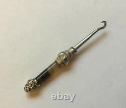 Tiny Antique Victorian Silver Plated Banded Agate Button Hook Original Case