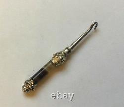 Tiny Antique Victorian Silver Plated Banded Agate Button Hook Original Case