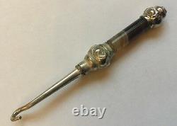 Tiny Antique Victorian Silver Plated Banded Agate Button Hook Original Case