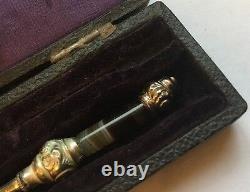 Tiny Antique Victorian Silver Plated Banded Agate Button Hook Original Case