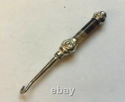 Tiny Antique Victorian Silver Plated Banded Agate Button Hook Original Case