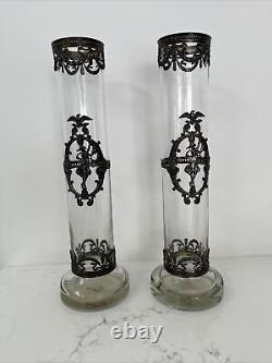 Topazio Casquinha Portugal Art Nouveau Glass Vase Set Pair Silver Plated Mounts