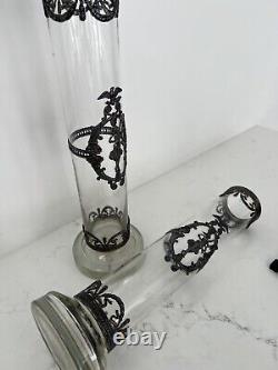 Topazio Casquinha Portugal Art Nouveau Glass Vase Set Pair Silver Plated Mounts