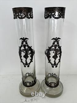 Topazio Casquinha Portugal Art Nouveau Glass Vase Set Pair Silver Plated Mounts