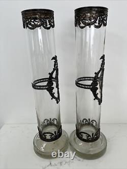 Topazio Casquinha Portugal Art Nouveau Glass Vase Set Pair Silver Plated Mounts