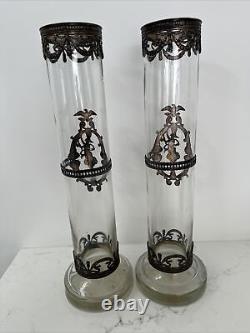 Topazio Casquinha Portugal Art Nouveau Glass Vase Set Pair Silver Plated Mounts