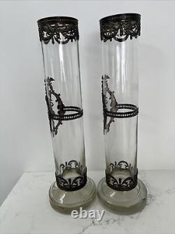 Topazio Casquinha Portugal Art Nouveau Glass Vase Set Pair Silver Plated Mounts
