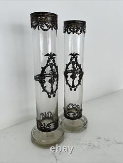 Topazio Casquinha Portugal Art Nouveau Glass Vase Set Pair Silver Plated Mounts