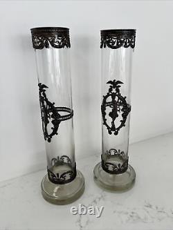 Topazio Casquinha Portugal Art Nouveau Glass Vase Set Pair Silver Plated Mounts