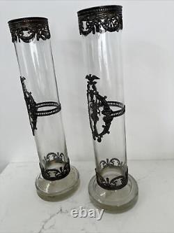 Topazio Casquinha Portugal Art Nouveau Glass Vase Set Pair Silver Plated Mounts