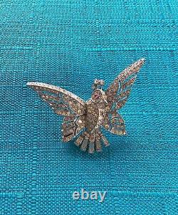 Trifari 1940's Parrot Brooch, Single Clip, Silver Plate Trifanium, Ice Clears