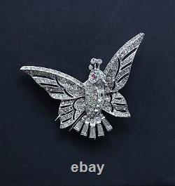 Trifari 1940's Parrot Brooch, Single Clip, Silver Plate Trifanium, Ice Clears