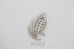 Trifari Vintage 1950s Flower Leaf Corn Wheat White Whole Crystals Brooch, Silver