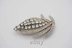 Trifari Vintage 1950s Flower Leaf Corn Wheat White Whole Crystals Brooch, Silver