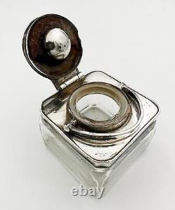 UNUSUAL ANTIQUE TRAVELLING INKWELL SILVER PLATE & GLASS 19th Century