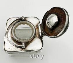 UNUSUAL ANTIQUE TRAVELLING INKWELL SILVER PLATE & GLASS 19th Century