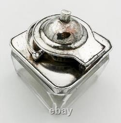 UNUSUAL ANTIQUE TRAVELLING INKWELL SILVER PLATE & GLASS 19th Century