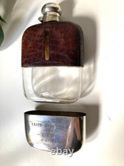 Unique Antique TAIPO Silver Plate Crocodile Skin Hip Flask with History