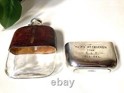 Unique Antique TAIPO Silver Plate Crocodile Skin Hip Flask with History
