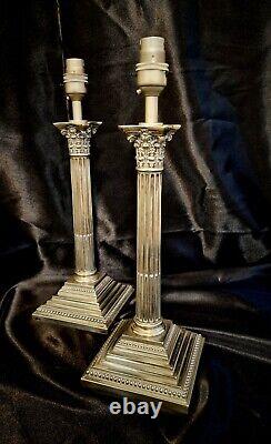 VERY RARE HALLMARKED Silver Plate Corinthian Column Table Lamps H37cm